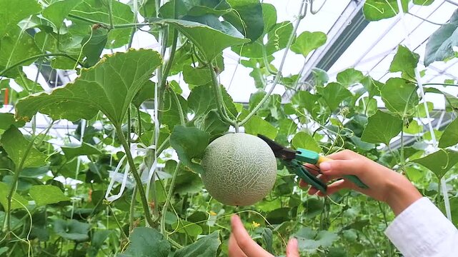 Cantaloupe Melon Growing in Taiwan Greenhouse Farm with Green Vine Leaves
