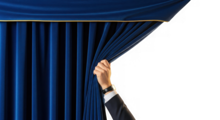 Hand pulling open a blue theater curtain isolated on transparent background