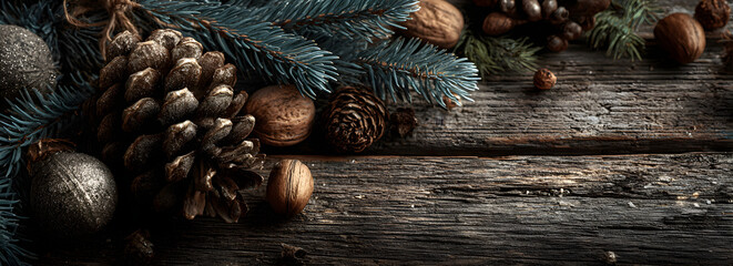 Fototapeta premium christmas wooden natural decoration ornament wide horizontal banner with copyspace