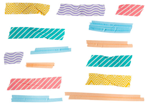 Set of ripped torn colorful pattern adhesive tape pieces on transparent background, washi tape design element