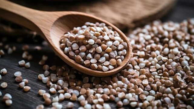 A wooden spoon filled with purple and brown sesame seeds on a table.