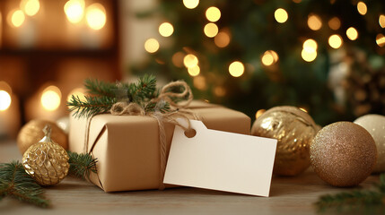 A festive holiday gift, presented with meticulous attention to detail and a personalized touch. The scene is illuminated by the soft glow of christmas lights.