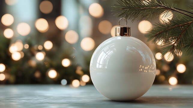 A pristine white ornament, gleaming softly beneath the warm, inviting glow of festive lights and evergreen boughs, evokes the magic of the holiday season, a sense of serene beauty.