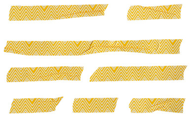 Set of ripped torn striped yellow adhesive tape on transparent background, washi tape design element
