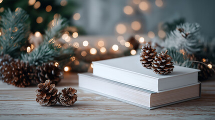 Cozy winter scene with books and pinecones, evokes warmth and the joy of reading. The soft focus of the twinkling lights in the background adds a touch of magic.