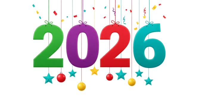 Colorful 2026 numbers with festive decorations isolated on transparent background