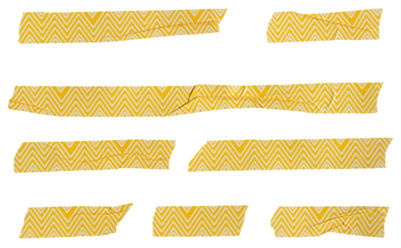 Set of ripped torn striped yellow adhesive tape on transparent background, washi tape design element