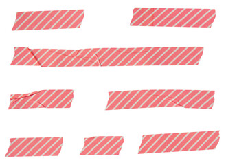 Set of ripped torn striped red adhesive tape on transparent background, washi tape design element
