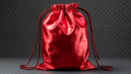 Shiny red satin drawstring bag&mdash;closed and gathered at the top