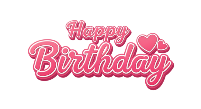 Happy birthday text with pink hearts isolated on transparent background