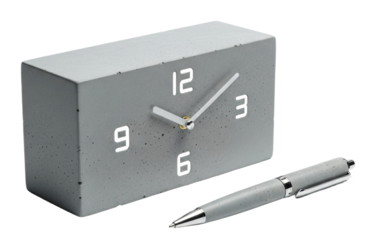 Modern concrete clock and pen displayed on desk minimalist style isolated on transparent background - Powered by Adobe