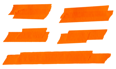 Set of ripped torn paper adhesive orange masking tape on transparent background