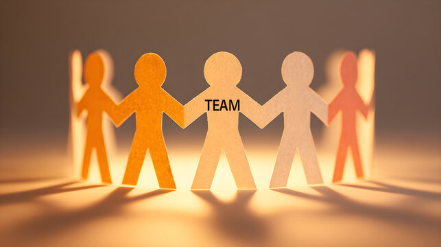 Paper people chain forming circle with word team