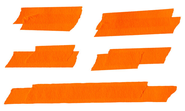 Set of ripped torn paper adhesive orange masking tape on transparent background