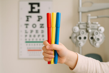 Child's Hand Holding Three colourful Markers in an Optometrist's Office