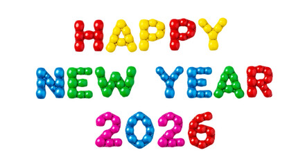 Happy new year 2026 colorful balloon text isolated on transparent background