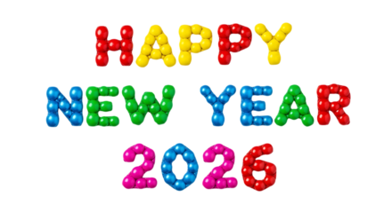 Happy new year 2026 colorful balloon text isolated on transparent background