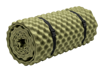Camping gear rolled foam sleeping pad for adventures isolated on transparent background