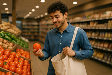 Smiling Young Man with a recyclable bag examining a Tomato in a Supermarket Aisle