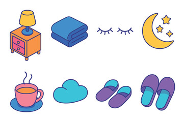 Cozy nighttime essentials: lamp, blanket, moon, stars, and slippers on gradient background