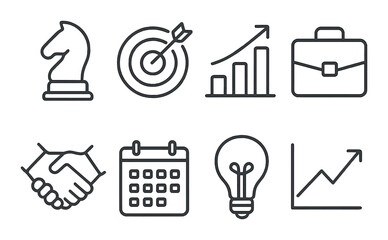 Business strategy icons: chess knight, target, graph, suitcase, handshake, calendar, lightbulb, growth chart