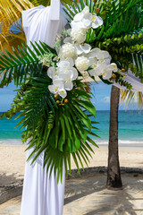 A floral masterpiece of Phalaenopsis aphrodite orchids and tropical leaves captures the essence of island romance