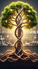 A digitally created image of a large tree with glowing orbs and a prominent DNA strand intertwined with the trunk, symbolizing the magic of science and nature's connection