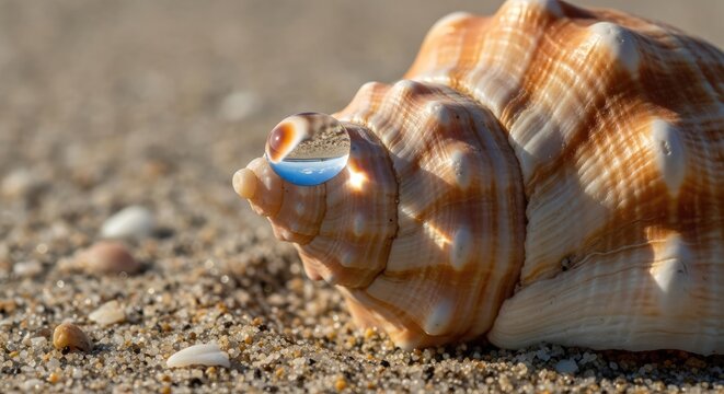 Close-up of a seashell on sandy beach, a water droplet reflects the sky. Warm light bathes the textured shell, details of sand and pebbles. Nature's beauty