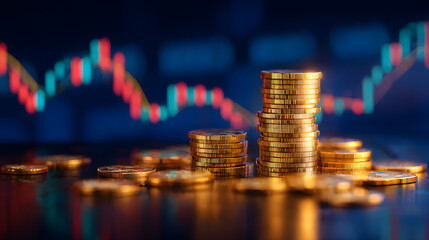 Gold coins stacking on black background with stock market chart