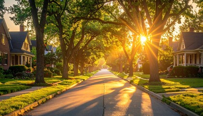 Sunny residential street lined with mature trees, bathed in golden sunlight, showcasing a peaceful neighborhood vibe