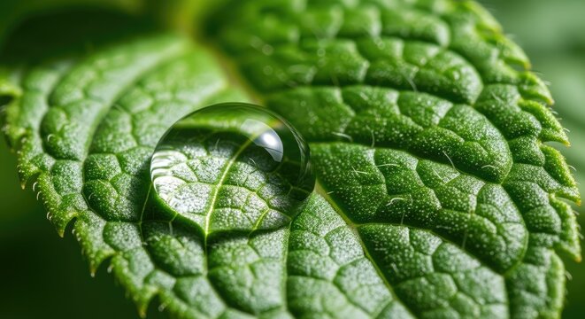 Macro close-up shows a large water droplet resting on a textured, vibrant green leaf, reflecting the surrounding environment. Detailed veins and textures are visible - Powered by Adobe