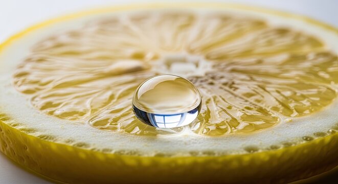 Close-up of a lemon slice with a water droplet, showcasing the fruit's texture and detail. The clear droplet reflects the surrounding light. Shallow depth of field enhances the focus on the water bead