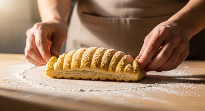 A pair of hands carefully arranges a golden, sugared pastry on a wooden surface dusted with flour. The close-up showcases culinary artistry in a soft, sunlit setting