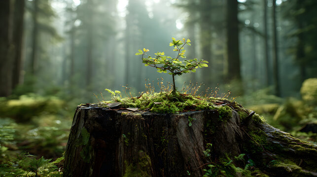 Young sapling growing on old tree stump in forest renewing life