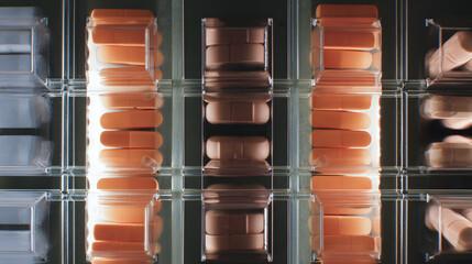 oligarchy. Pill organizer with tablets in sequence, clinical top view, geometric arrangement. STEM education sheets, lab safety posters, designed for biotech research communications.