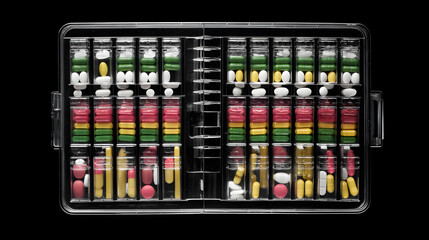 oligarchy. Pill organizer with tablets in sequence, clinical top view, geometric arrangement. STEM education sheets, lab safety posters, designed for biotech research communications.