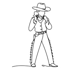 Dynamic continuous line art illustration of a confident cowgirl in traditional western attire, showcasing the spirit of country life and rodeo culture. Minimalist sketch graphic design