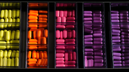 oligarchy. Pill organizer with tablets in sequence, clinical top view, geometric arrangement. STEM education sheets, lab safety posters, designed for biotech research communications.