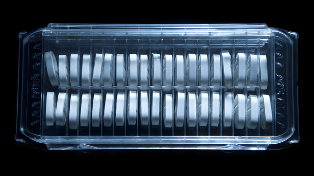 oligarchy. Pill organizer with tablets in sequence, clinical top view, geometric arrangement. STEM education sheets, lab safety posters, designed for biotech research communications.