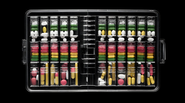 oligarchy. Pill organizer with tablets in sequence, clinical top view, geometric arrangement. STEM education sheets, lab safety posters, designed for biotech research communications.