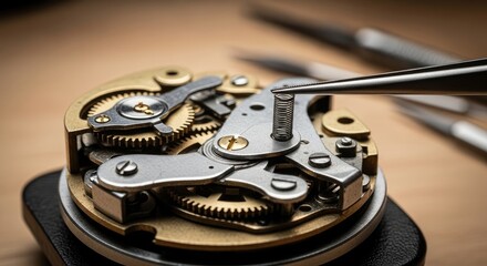 A close-up showcases a watch's intricate internal workings. Tweezers delicately hold a small component, highlighting the precision required for its repair. Gear and screw elements are featured