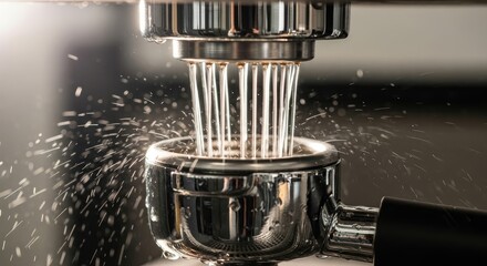 Close-up of coffee machine extraction. Water streams cascade, creating droplets and mist. Stainless steel components gleam. Focus is on the portafilter and water flow, emphasizing the process