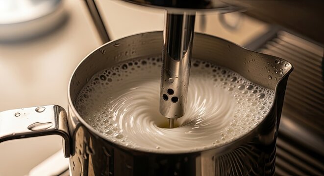 Close-up of frothing process, with a metallic jug, creating a swirl pattern. The nozzle steams milk. A perfect moment showcasing the coffee making procedure