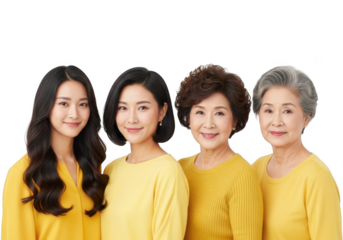 Four asian women of different ages smiling together wearing yellow tops isolated on transparent background