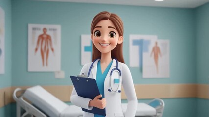 A friendly animated female doctor smiling in a hospital room with medical charts and a bed. - Powered by Adobe
