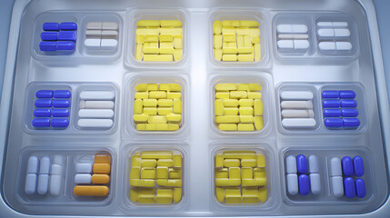 oligarchy. Pill organizer with tablets in sequence, clinical top view, geometric arrangement. STEM education sheets, lab safety posters, designed for biotech research communications.