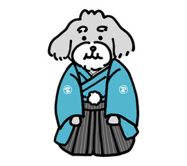 水色の紋付袴を着た手描きの犬