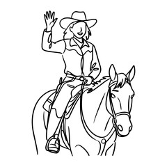 A simple line drawing of a smiling cowgirl wearing a hat, waving friendly from horseback. Western lifestyle vector concept