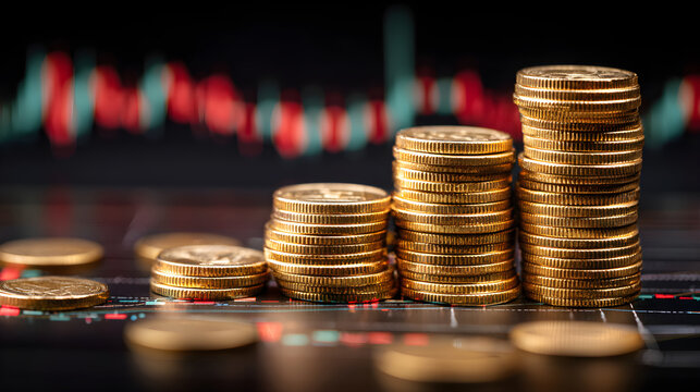 Stacking gold coin piles creating financial growth graph