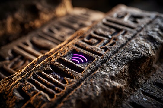 Antike Steintafel mit modernen Symbolen und leuchtendem WLAN-Zeichen
